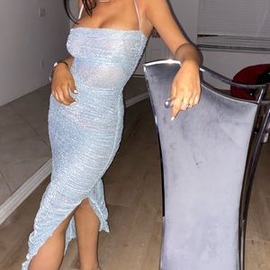 BABY BLUE SPARKLE RUCHED MESH MAXI DRESS
